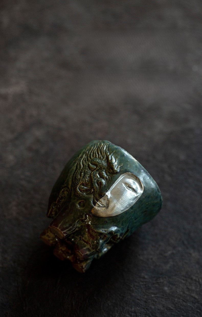 Zen Face – Handcrafted Ceramic Tea Cup with Silver Relief Gift Set