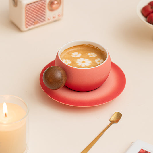 Orb Harmony – Handcrafted Ceramic Coffee Cup with Wooden Handle & Saucer