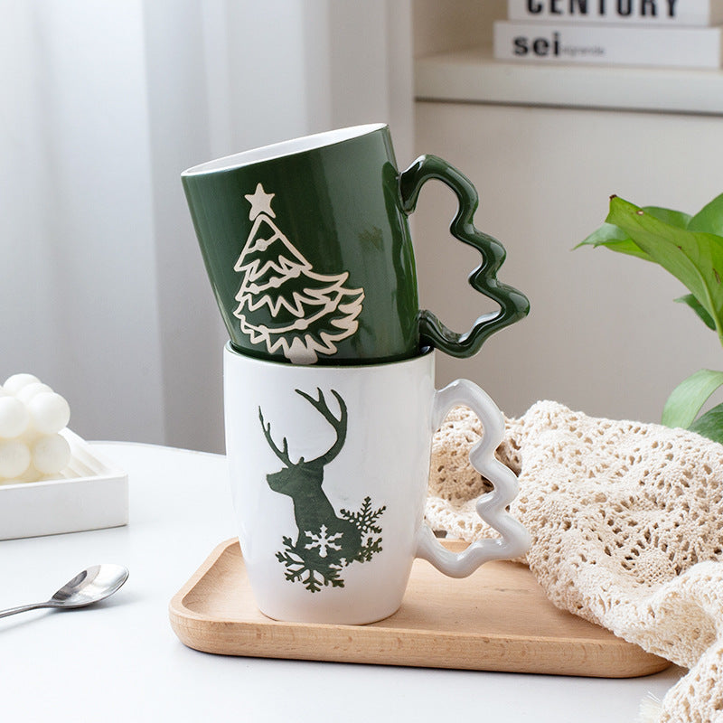 Nordic Charm – Handcrafted Christmas Ceramic Mug with Tree Handle Gift Cup