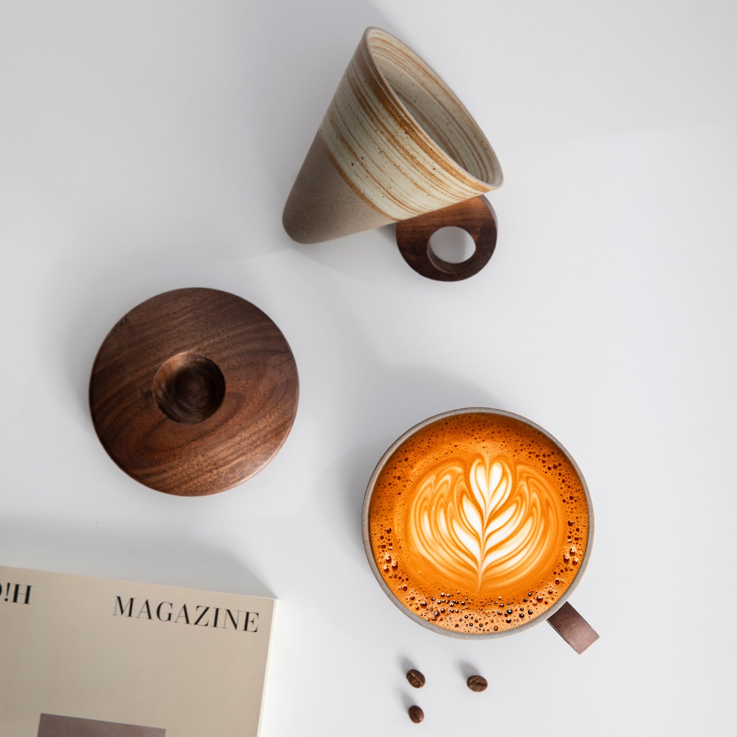 Funnel Balance – Handcrafted Rustic Ceramic Coffee Cup with Wooden Saucer