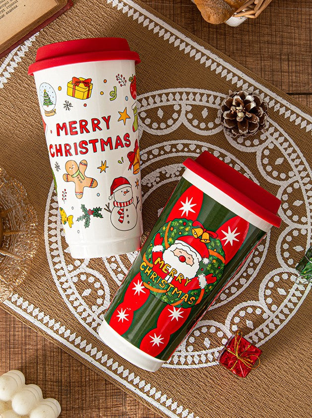 Holiday Grandeur – Large Christmas Ceramic Travel Mug with Lid Gift Set