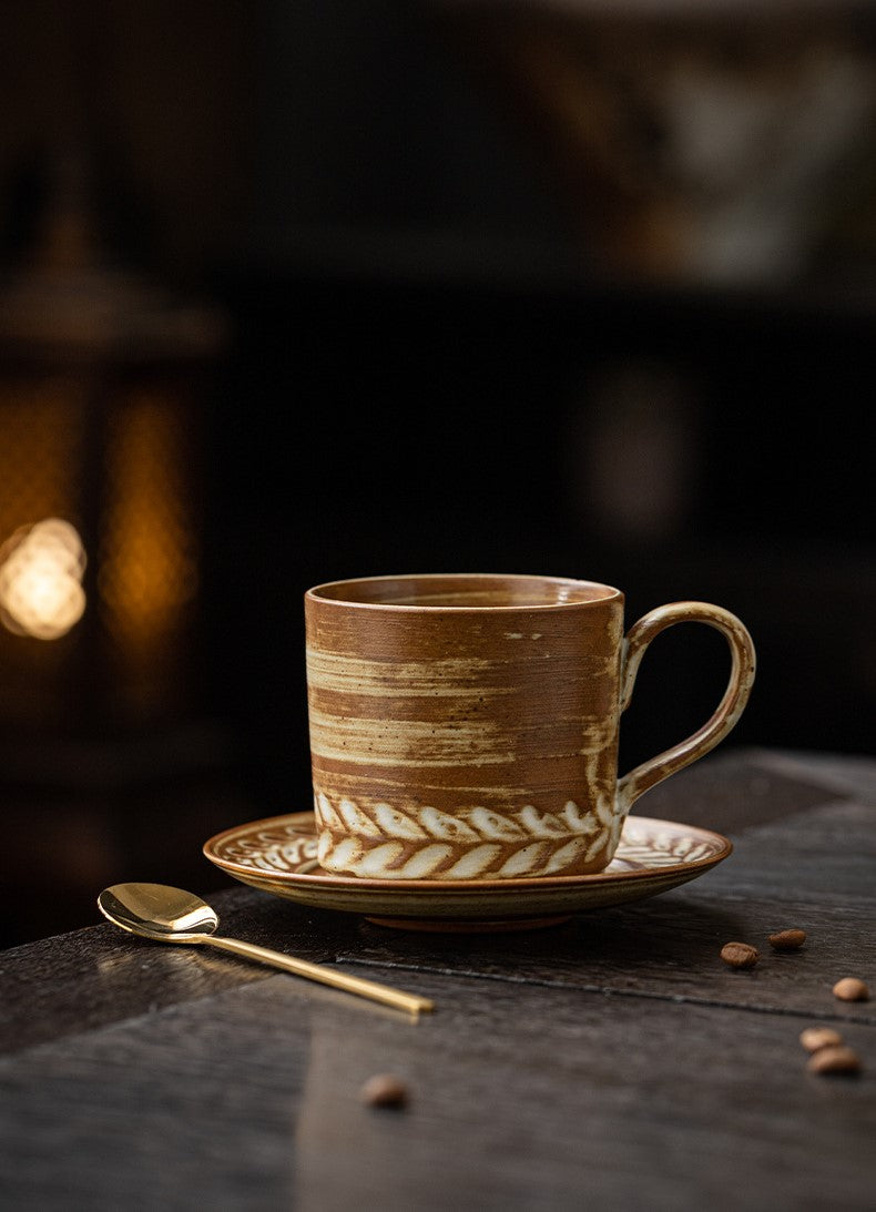 Wheat Harmony – Handcrafted Vintage Ceramic Coffee Cup & Saucer Set