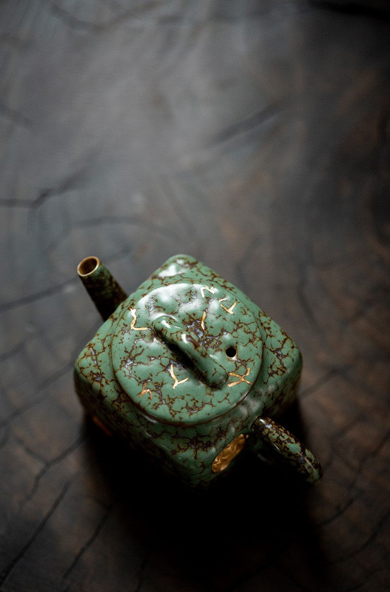 Echoes of Dunhuang — Handmade Qing Moss Rock Glaze Teacup & Teapot Set