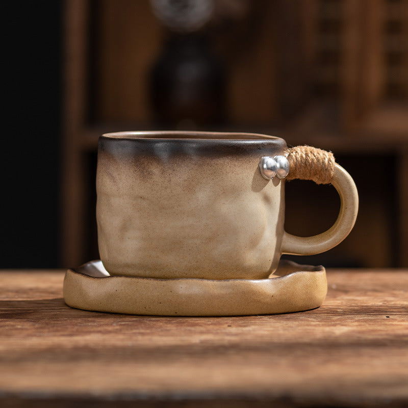 Earthbound Elegance – Wabi-Sabi Rope Handle Porcelain Coffee Cup & Saucer Set