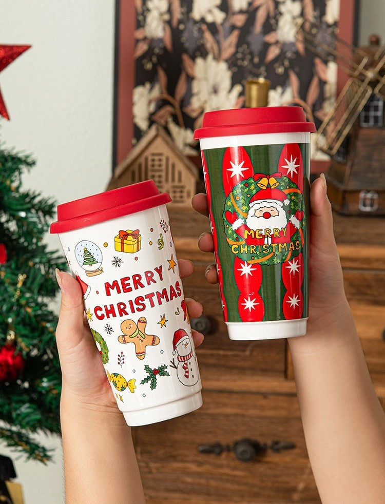 Holiday Grandeur – Large Christmas Ceramic Travel Mug with Lid Gift Set