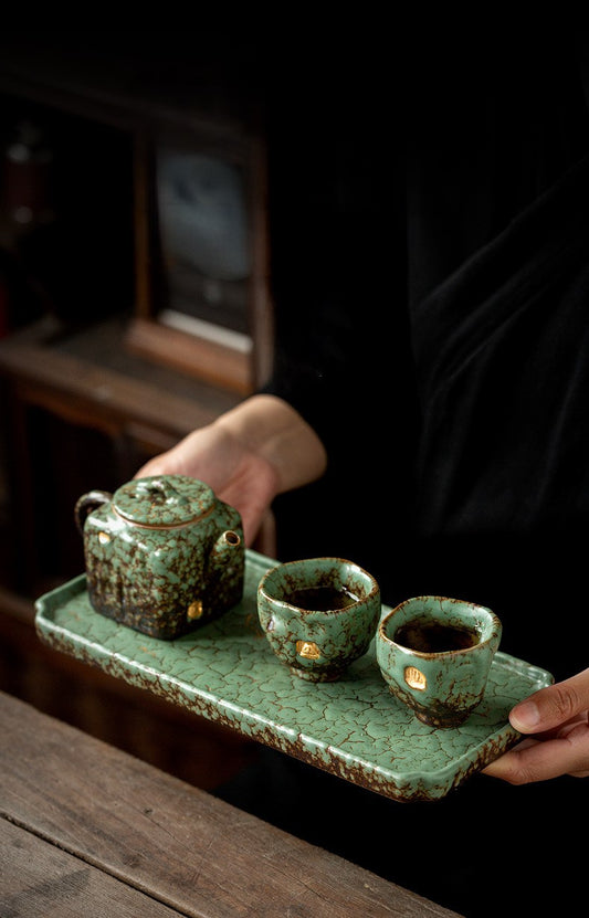 Echoes of Dunhuang — Handmade Qing Moss Rock Glaze Teacup & Teapot Set