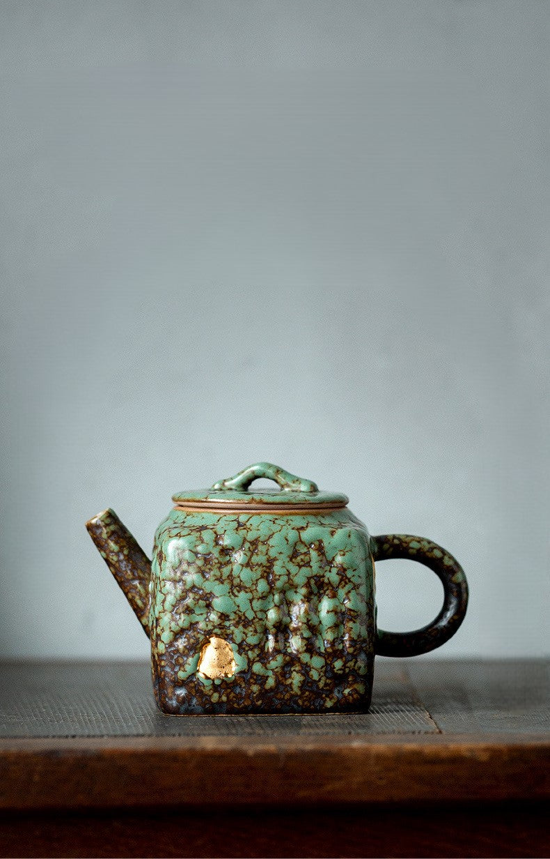 Echoes of Dunhuang — Handmade Qing Moss Rock Glaze Teacup & Teapot Set