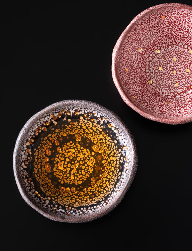 Tranquility Cups — Purple Aura Rising, Crimson Bloom, and Twilight Mist Ceramic Tea Cup Set