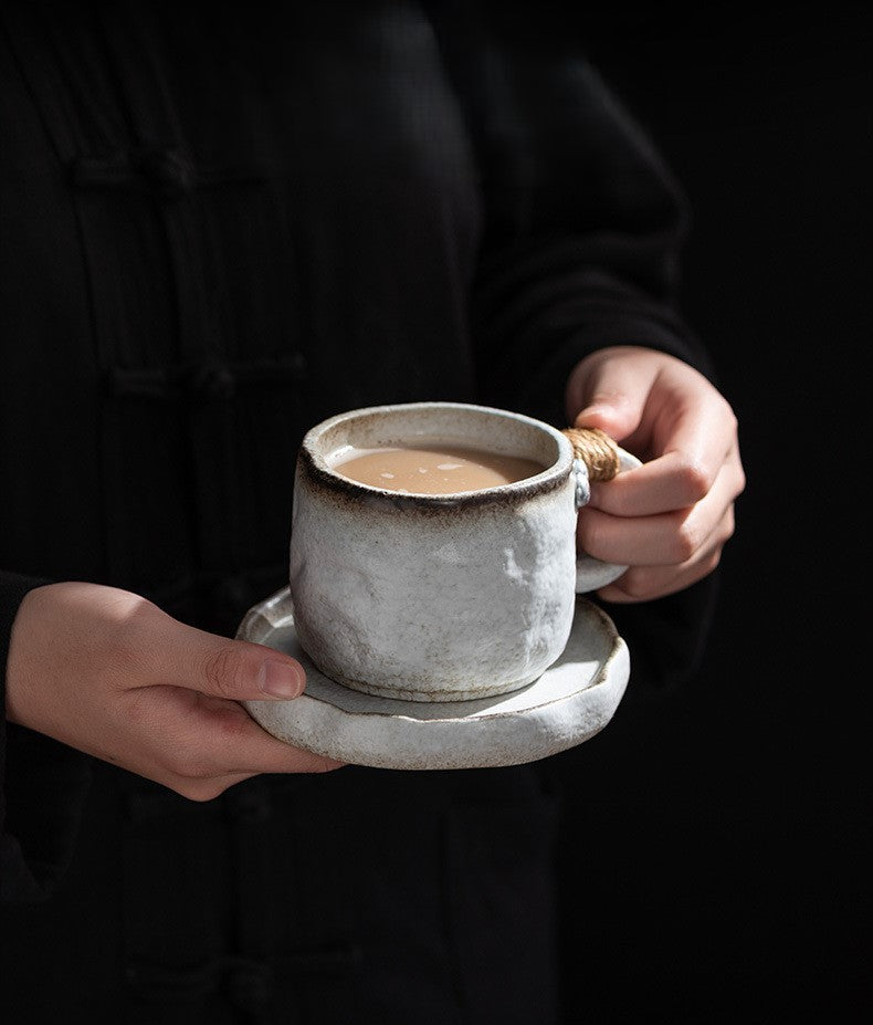 Earthbound Elegance – Wabi-Sabi Rope Handle Porcelain Coffee Cup & Saucer Set