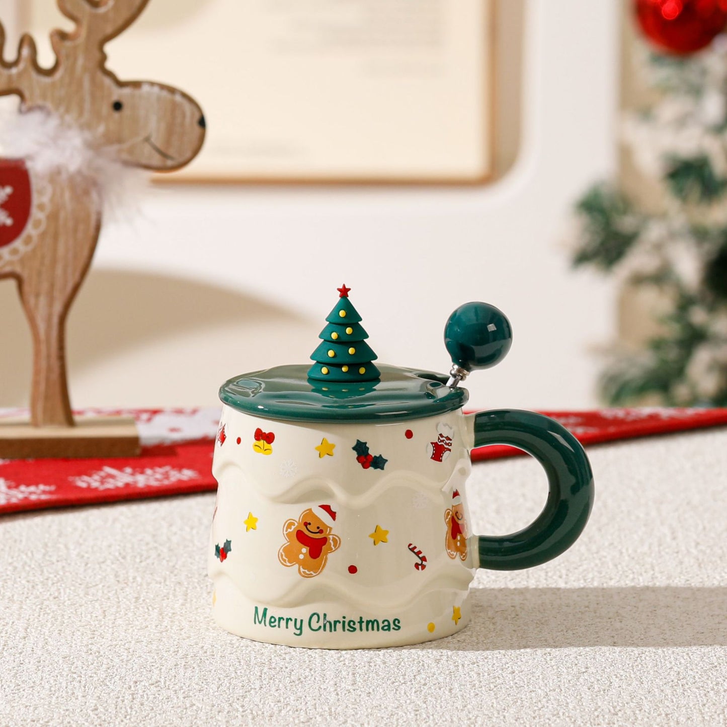 Merry Whimsy – Handcrafted Christmas Ceramic Mug with Lid & Spoon