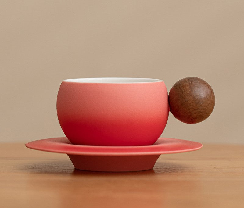 Orb Harmony – Handcrafted Ceramic Coffee Cup with Wooden Handle & Saucer