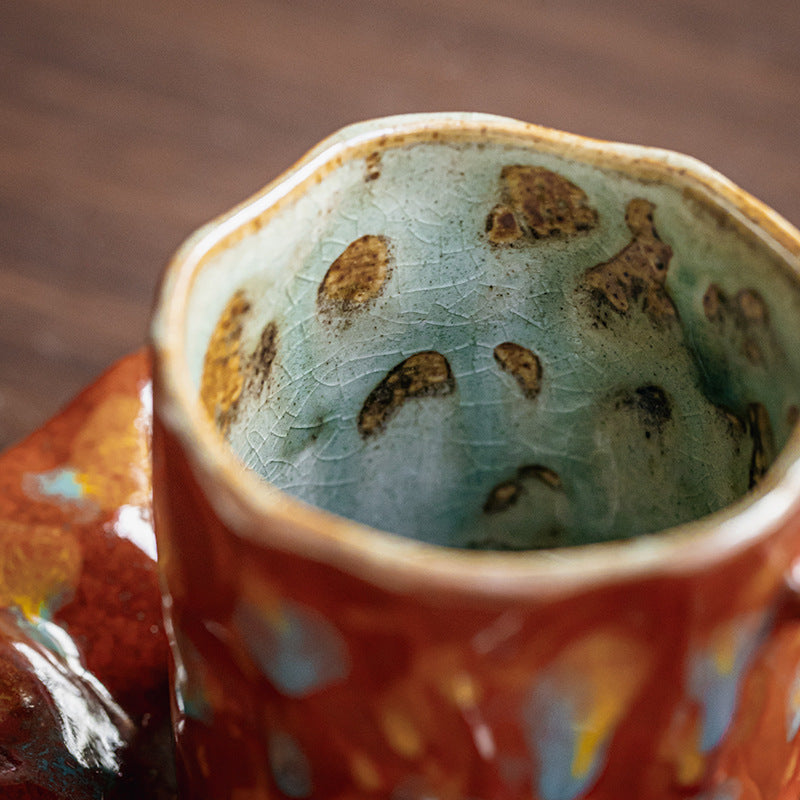 Crimson Bloom – Handcrafted Rustic Ceramic Coffee Cup & Saucer Set