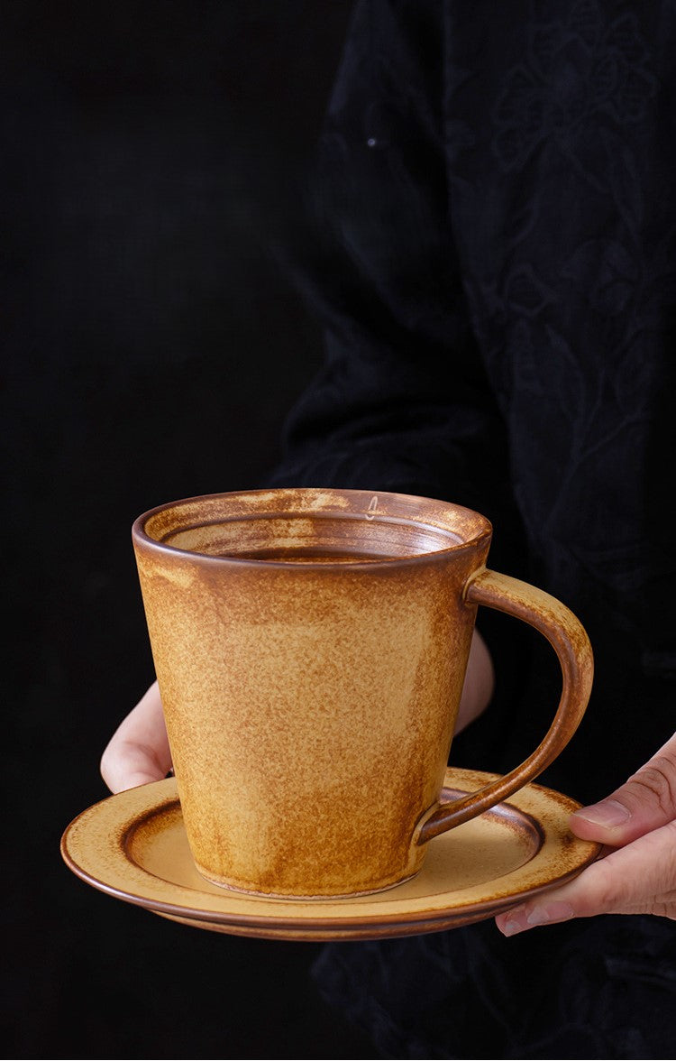 Amber Flow – Handcrafted Rustic Ceramic Coffee Cup & Saucer