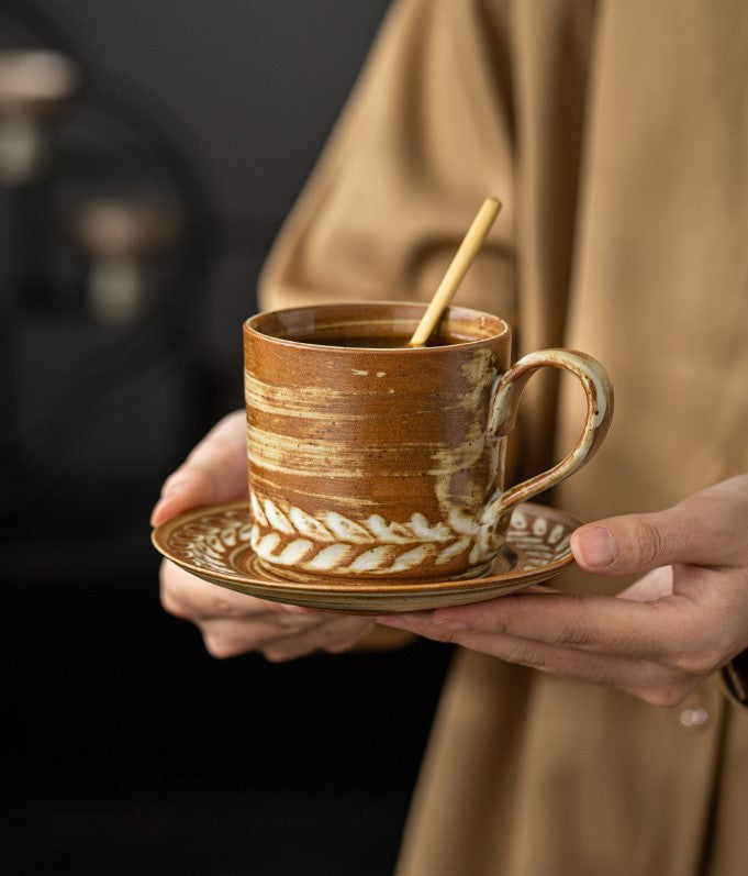 Wheat Harmony – Handcrafted Vintage Ceramic Coffee Cup & Saucer Set