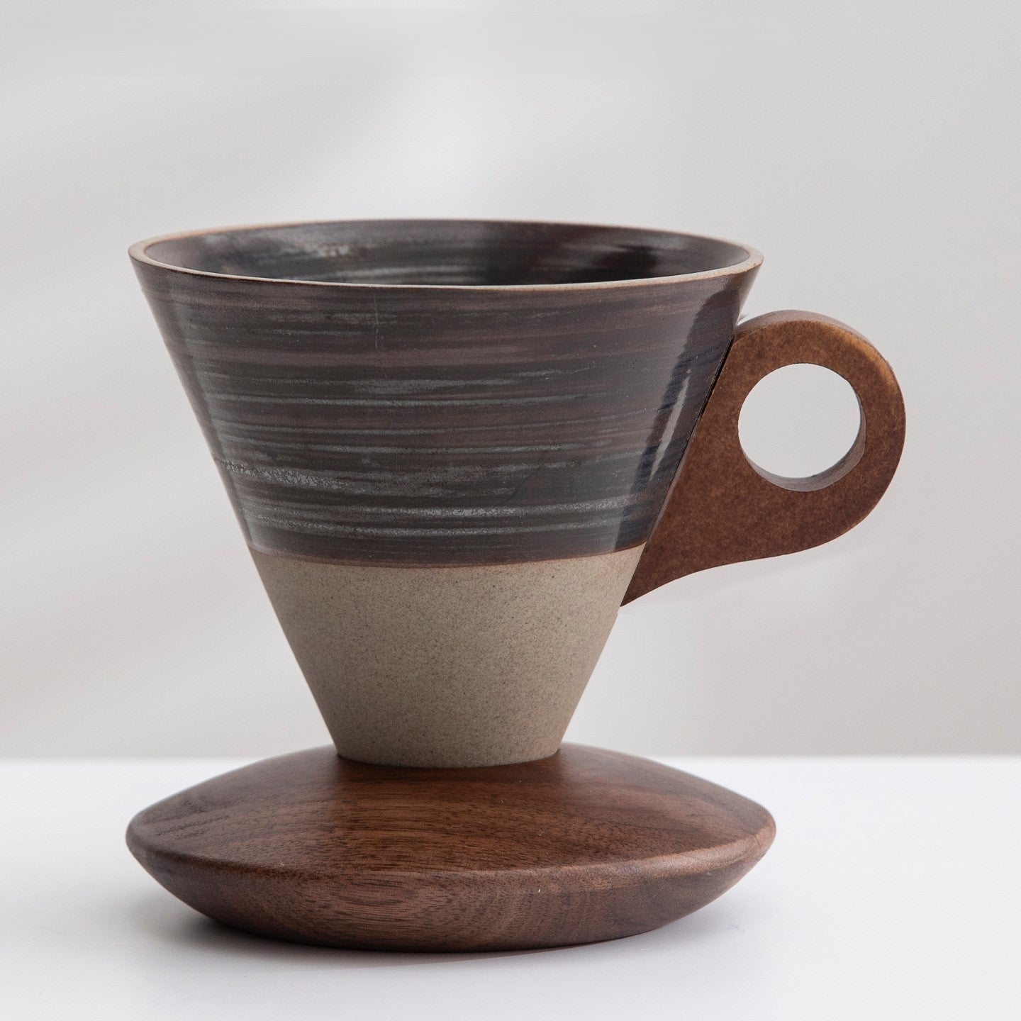 Funnel Balance – Handcrafted Rustic Ceramic Coffee Cup with Wooden Saucer