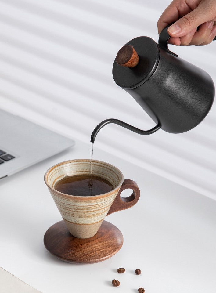 Funnel Balance – Handcrafted Rustic Ceramic Coffee Cup with Wooden Saucer