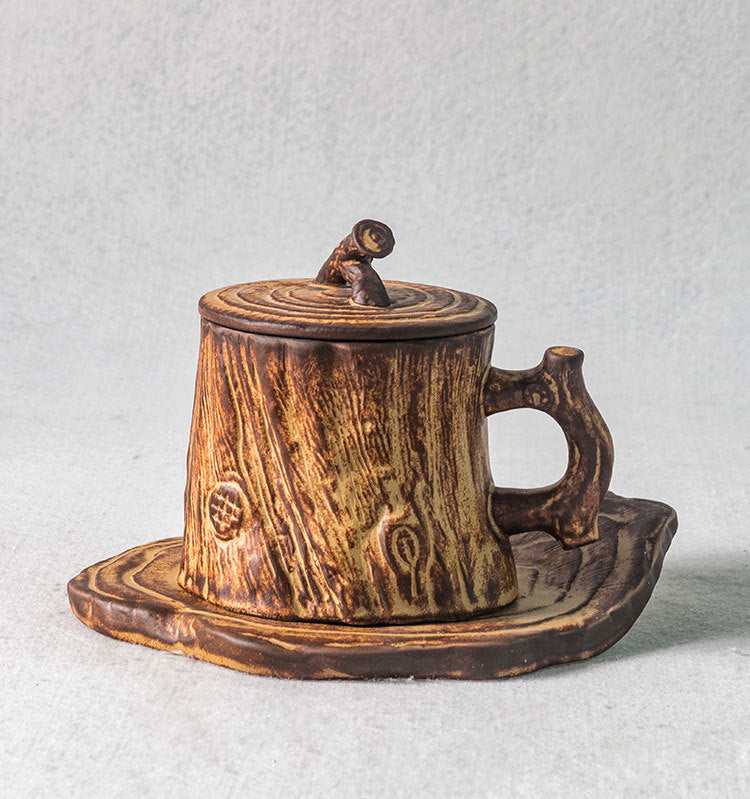 Timber Echoes – Handcrafted Tree-Trunk Porcelain Coffee Mug & Saucer Set