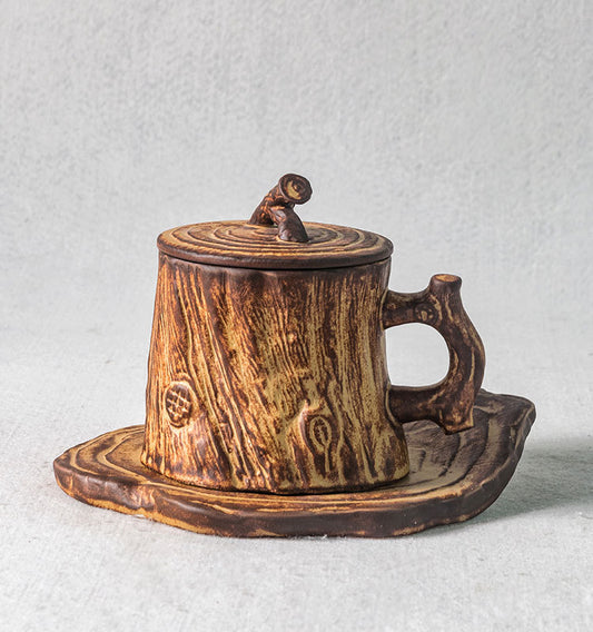 Timber Echoes – Handcrafted Tree-Trunk Porcelain Coffee Mug & Saucer Set
