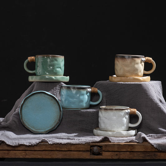 Earthbound Elegance – Wabi-Sabi Rope Handle Porcelain Coffee Cup & Saucer Set