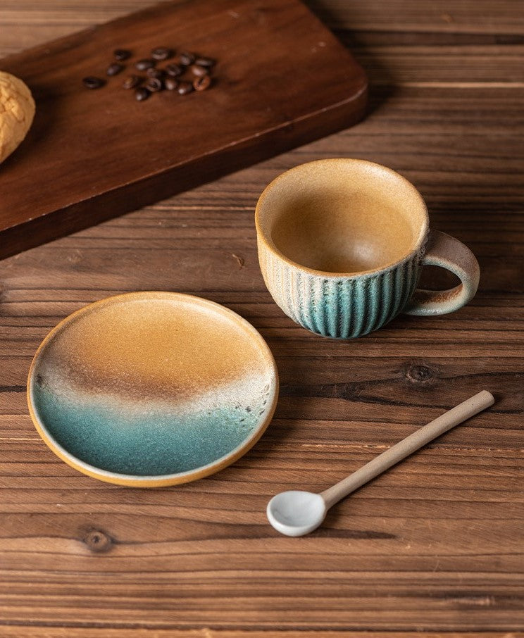 Rustic Glaze Echo – Handcrafted Porcelain Coffee Cup, Saucer & Spoon Set