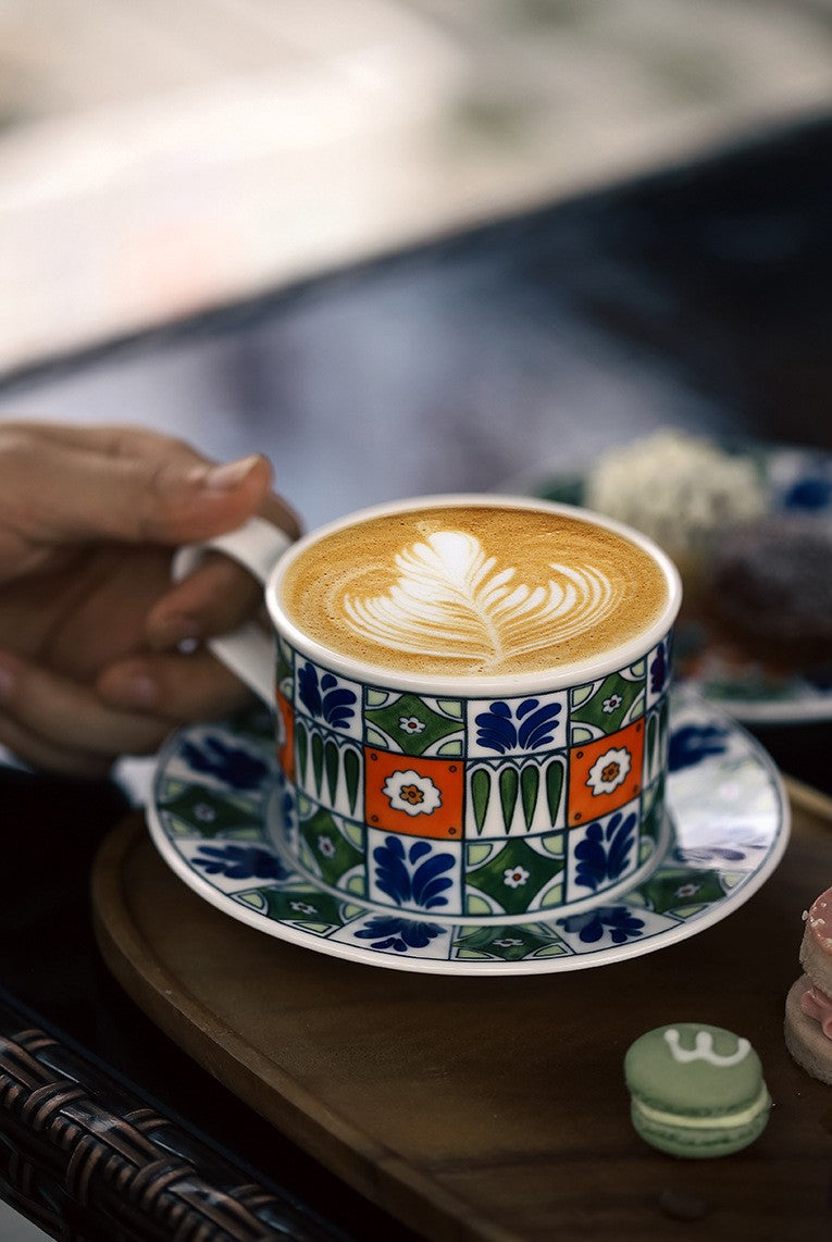 Garden Mosaic Elegance – Hand-Painted Porcelain Coffee Cup & Saucer Set