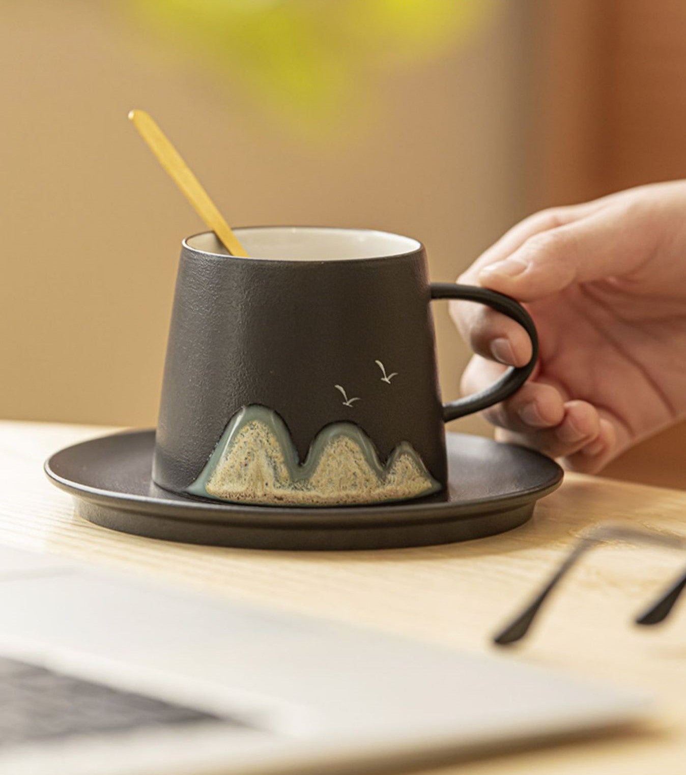 Mountain Whisper – Porcelain Coffee Cup & Saucer with Spoon