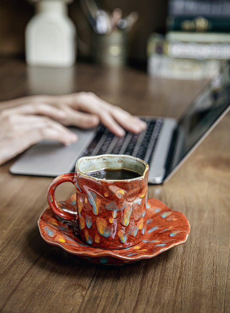 Crimson Bloom – Handcrafted Rustic Ceramic Coffee Cup & Saucer Set