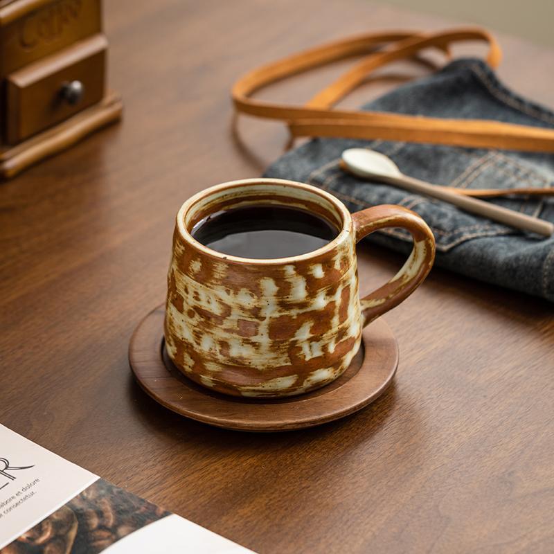 Rustic Ember – Handcrafted Ceramic Coffee Cup with Wooden Saucer