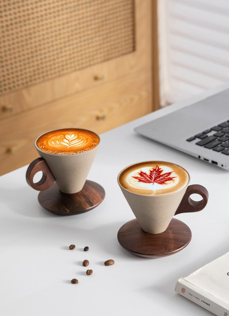 Funnel Balance – Handcrafted Rustic Ceramic Coffee Cup with Wooden Saucer