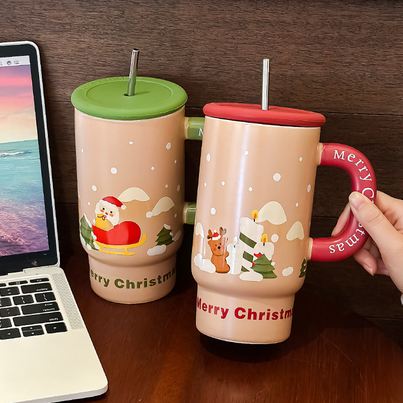 Holiday Hug – Large Christmas Ceramic Mug with Lid & Straw Gift Cup