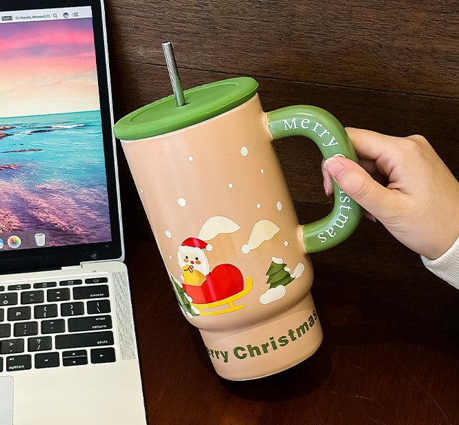 Holiday Hug – Large Christmas Ceramic Mug with Lid & Straw Gift Cup