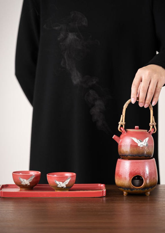 Forbidden City Red “Celestial Crane” Teapot Set — Five-Piece Auspicious Tea Ceremony Gift Collection