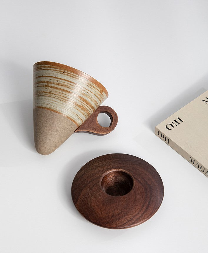 Funnel Balance – Handcrafted Rustic Ceramic Coffee Cup with Wooden Saucer