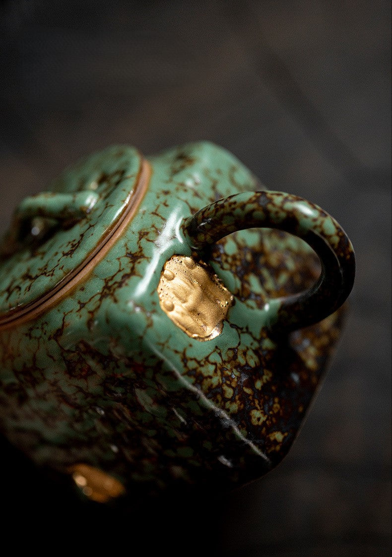Echoes of Dunhuang — Handmade Qing Moss Rock Glaze Teacup & Teapot Set