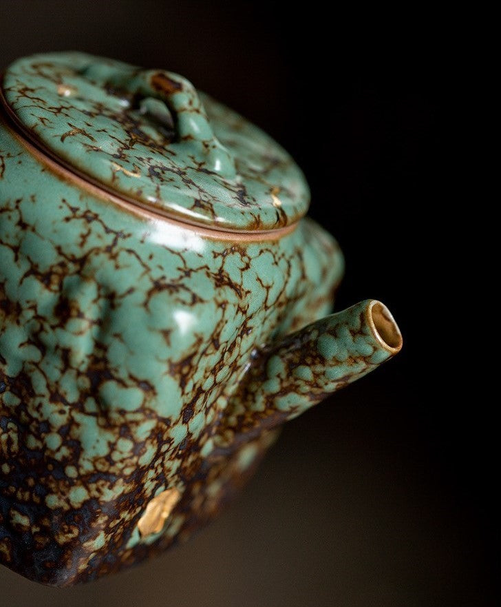 Echoes of Dunhuang — Handmade Qing Moss Rock Glaze Teacup & Teapot Set