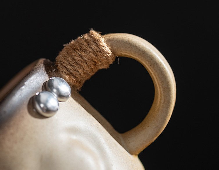 Earthbound Elegance – Wabi-Sabi Rope Handle Porcelain Coffee Cup & Saucer Set