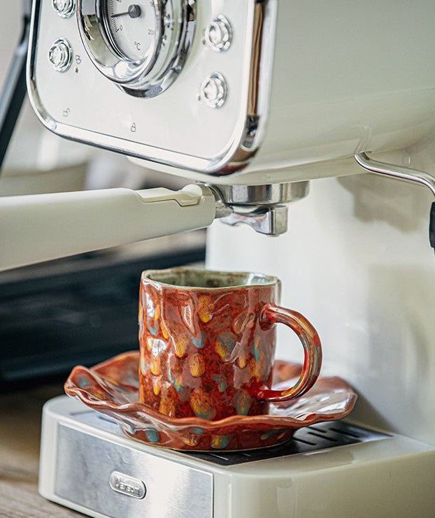 Crimson Bloom – Handcrafted Rustic Ceramic Coffee Cup & Saucer Set