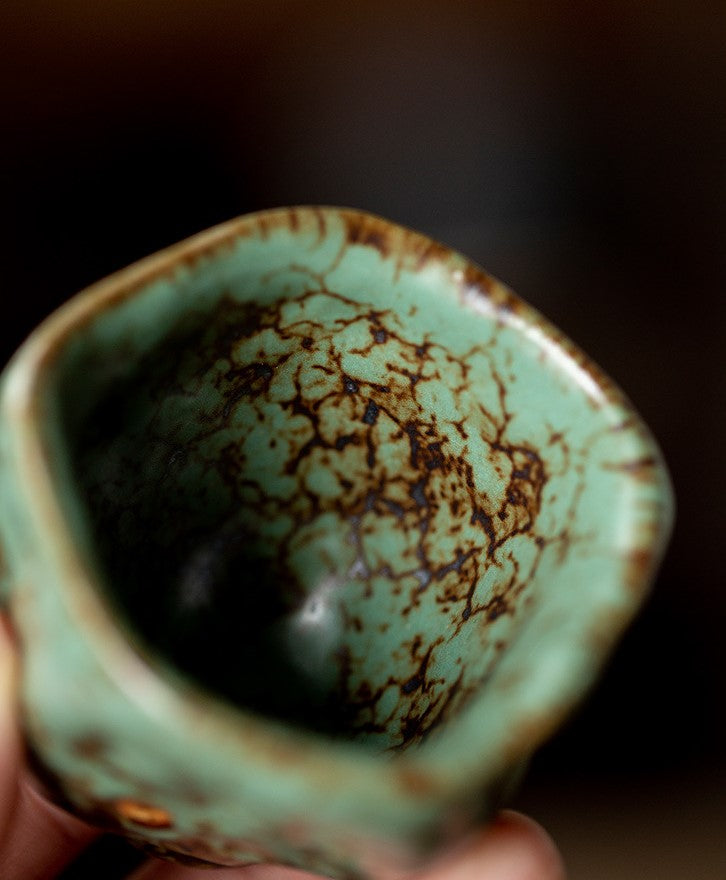 Echoes of Dunhuang — Handmade Qing Moss Rock Glaze Teacup & Teapot Set