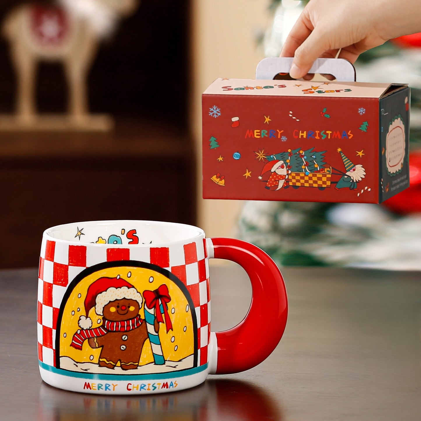 Merry Tales Charm – Handcrafted Christmas Ceramic Mug with Lid & Spoon Gift Cup