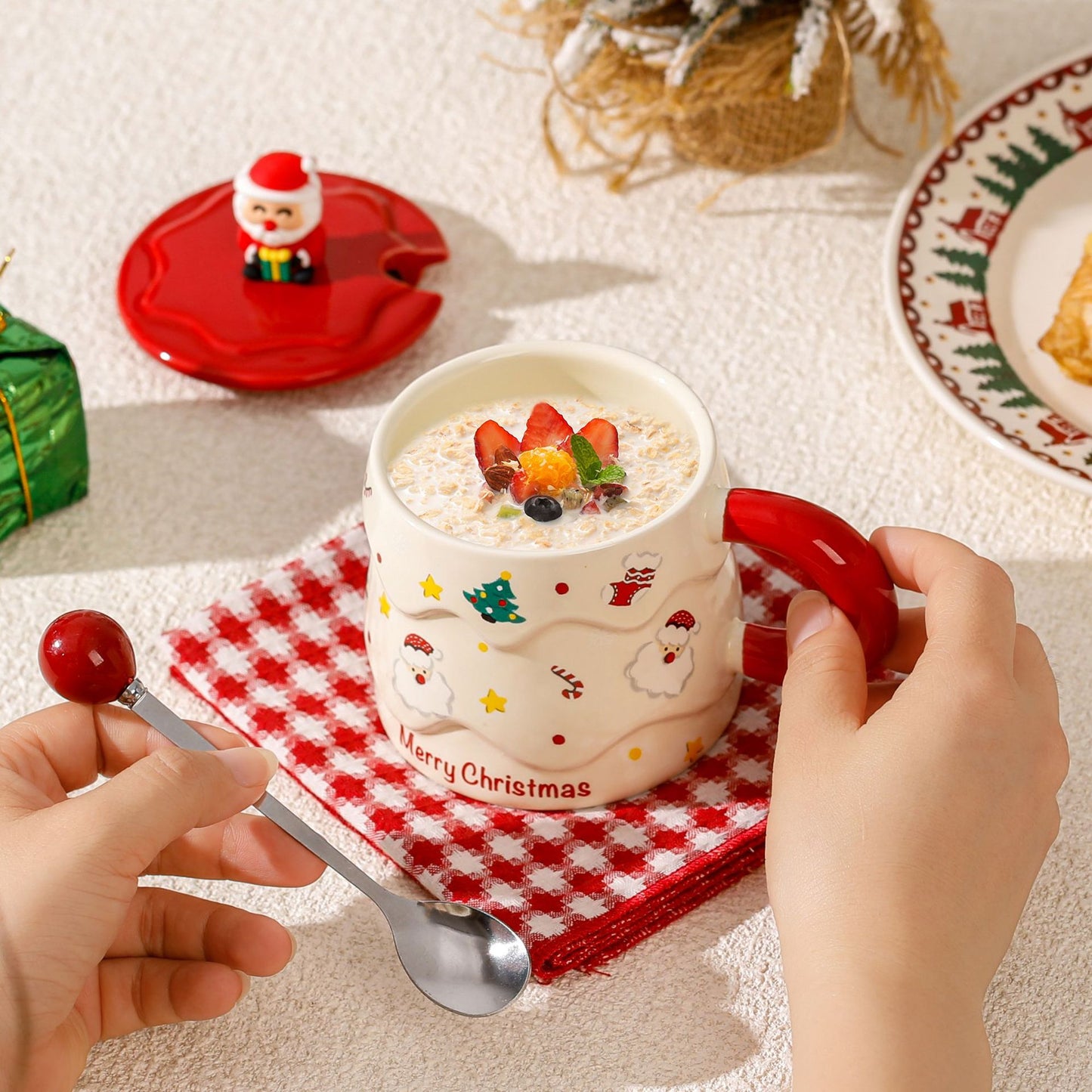 Merry Whimsy – Handcrafted Christmas Ceramic Mug with Lid & Spoon