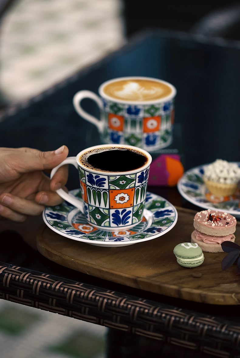 Garden Mosaic Elegance – Hand-Painted Porcelain Coffee Cup & Saucer Set