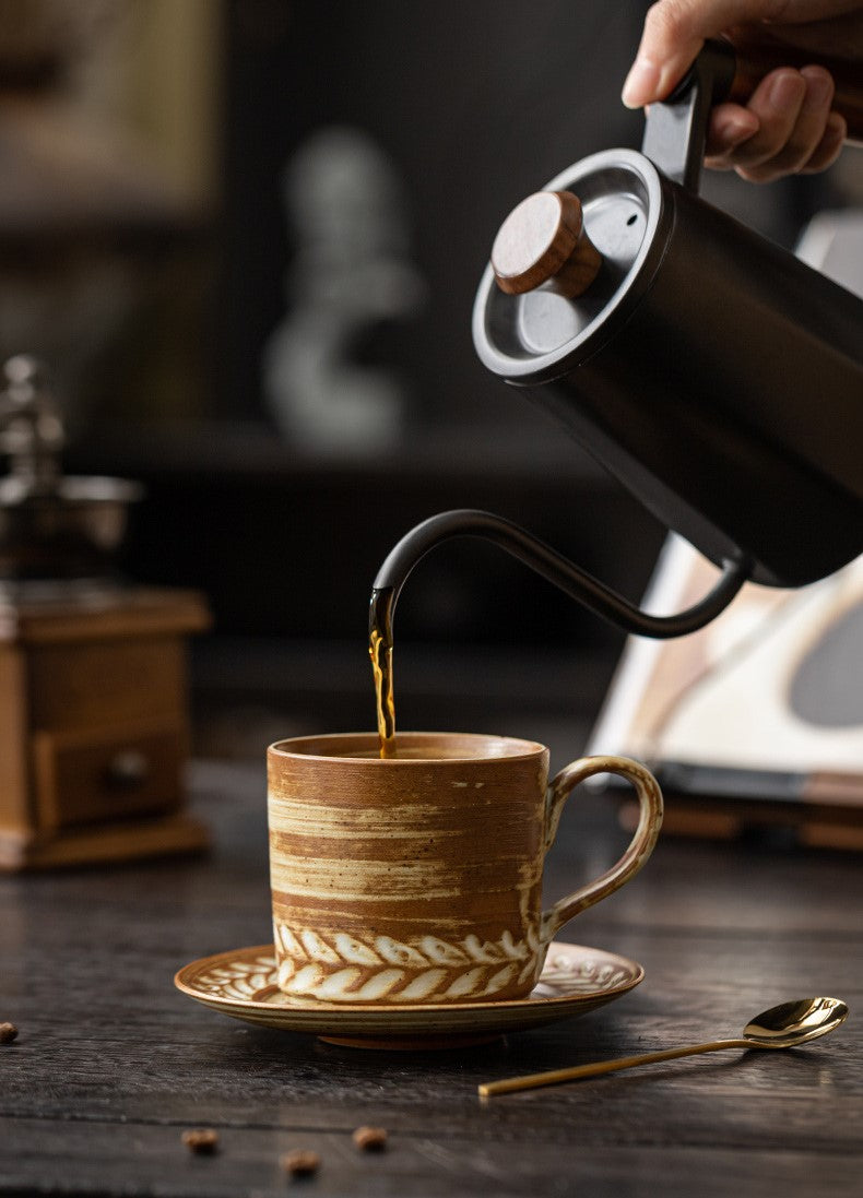 Wheat Harmony – Handcrafted Vintage Ceramic Coffee Cup & Saucer Set