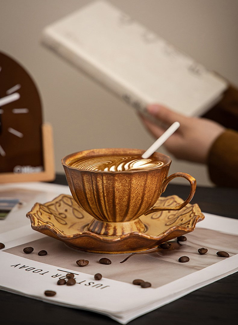 Rustic Petal Harmony – Handcrafted Porcelain Coffee Cup & Saucer Set