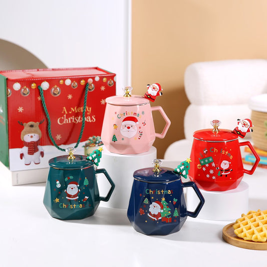 Santa Joy Charm – Handcrafted Christmas Ceramic Mug with Lid & Spoon Gift Box