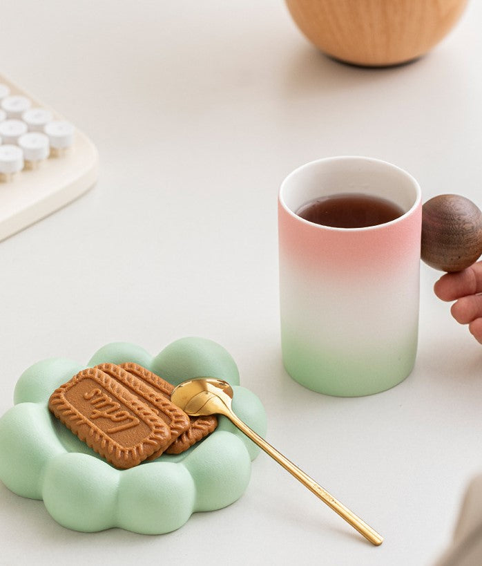 Cloud & Orb – Handcrafted Porcelain Mug with Wooden Sphere Handle & Saucer