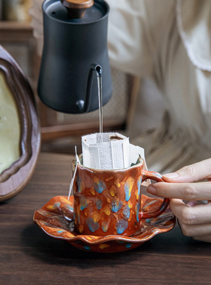 Crimson Bloom – Handcrafted Rustic Ceramic Coffee Cup & Saucer Set