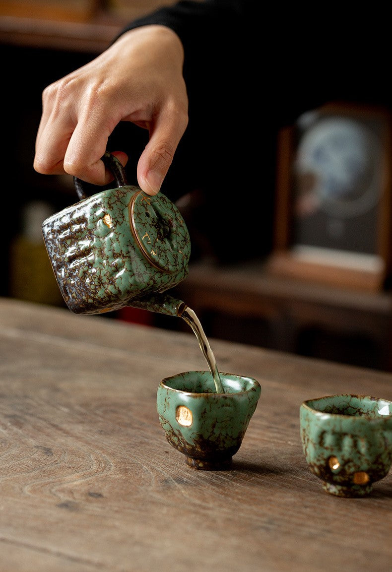 Echoes of Dunhuang — Handmade Qing Moss Rock Glaze Teacup & Teapot Set