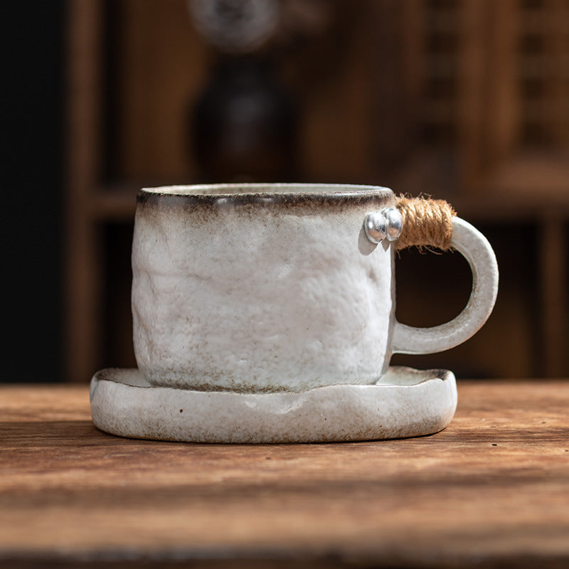 Earthbound Elegance – Wabi-Sabi Rope Handle Porcelain Coffee Cup & Saucer Set