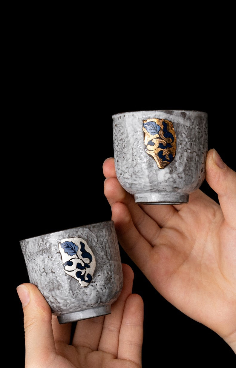 Gold And Silver Floral Emblems Ceramic Tea Cup Duo with Wooden Tray