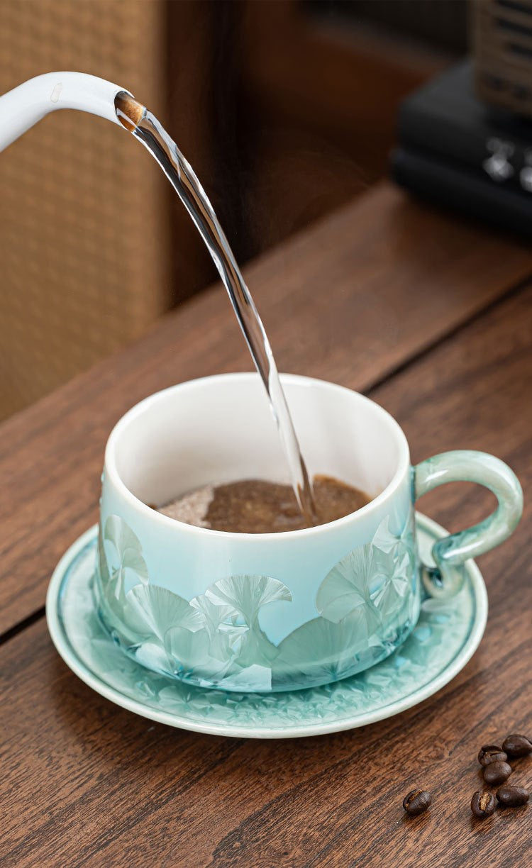 Crystal Bloom – Handcrafted Porcelain Coffee Cup & Saucer with Frosted Glaze